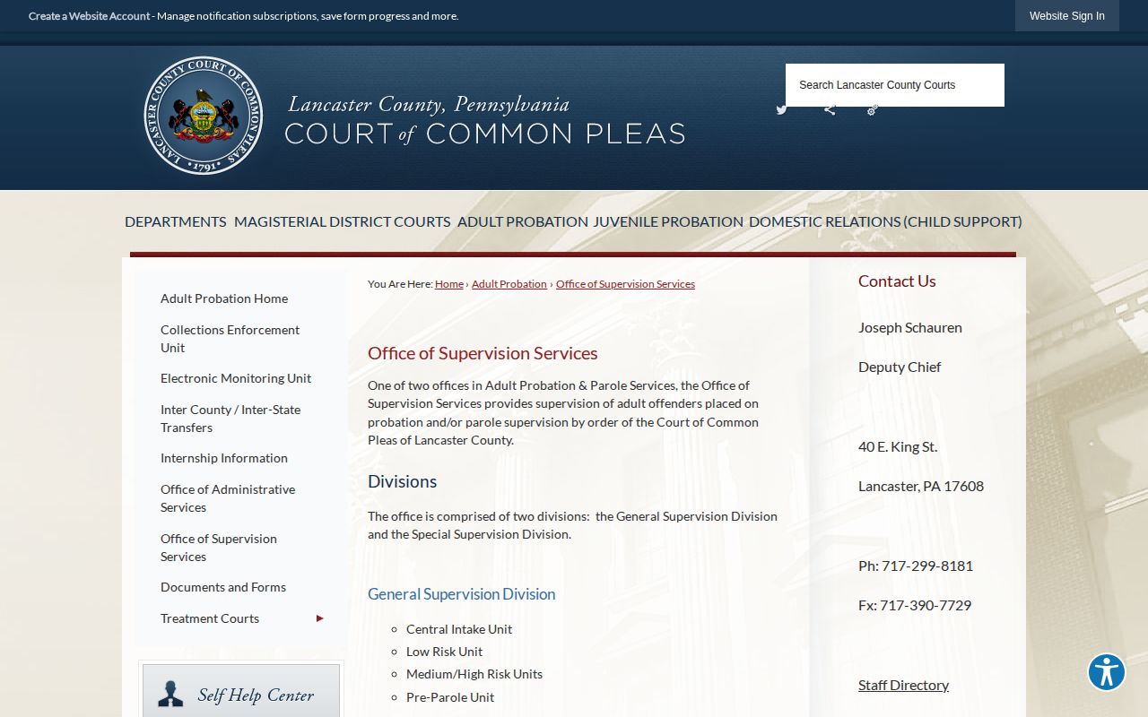 Lancaster County probation and parole supervision services page